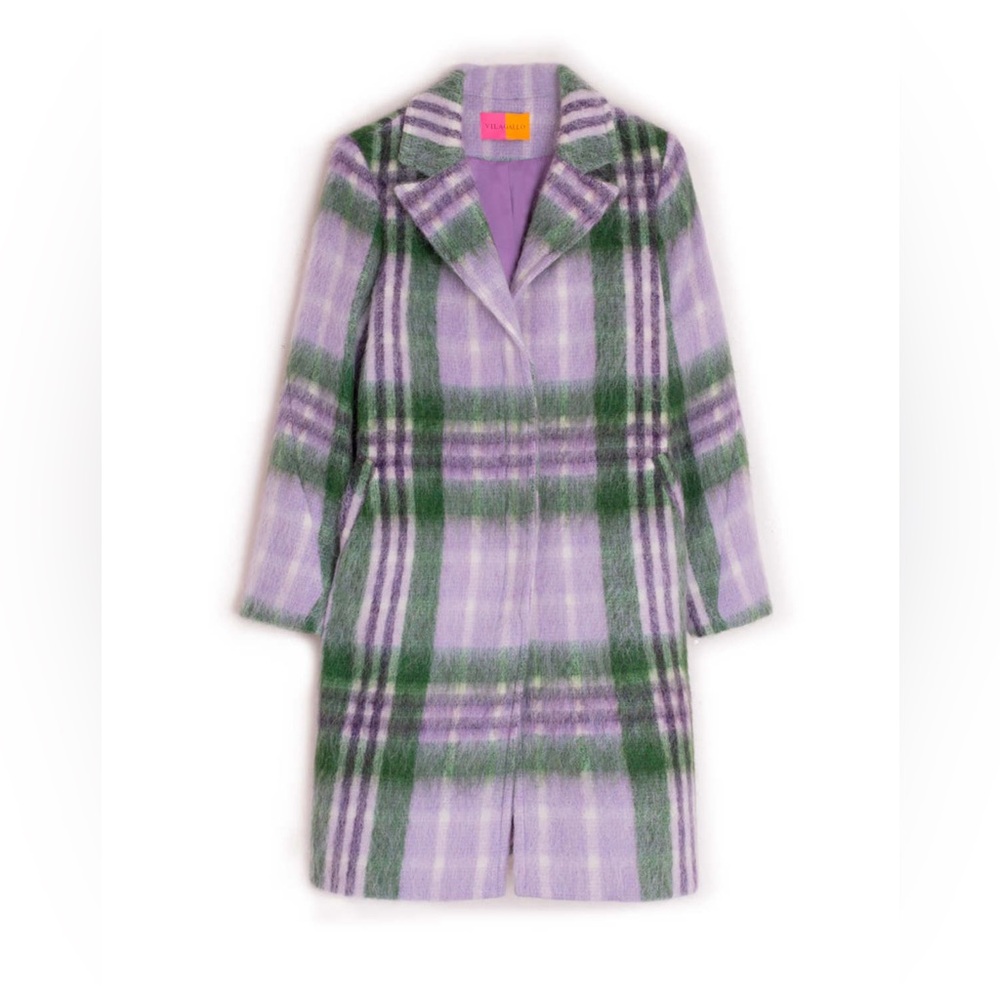 Vilagallo Mara Pea Coat Purple Green Plaid Wool Blend EU 36 US 4